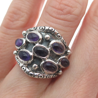 925 Sterling Silver Vintage Real Amethyst Modernist Oxidized Ring Size 7