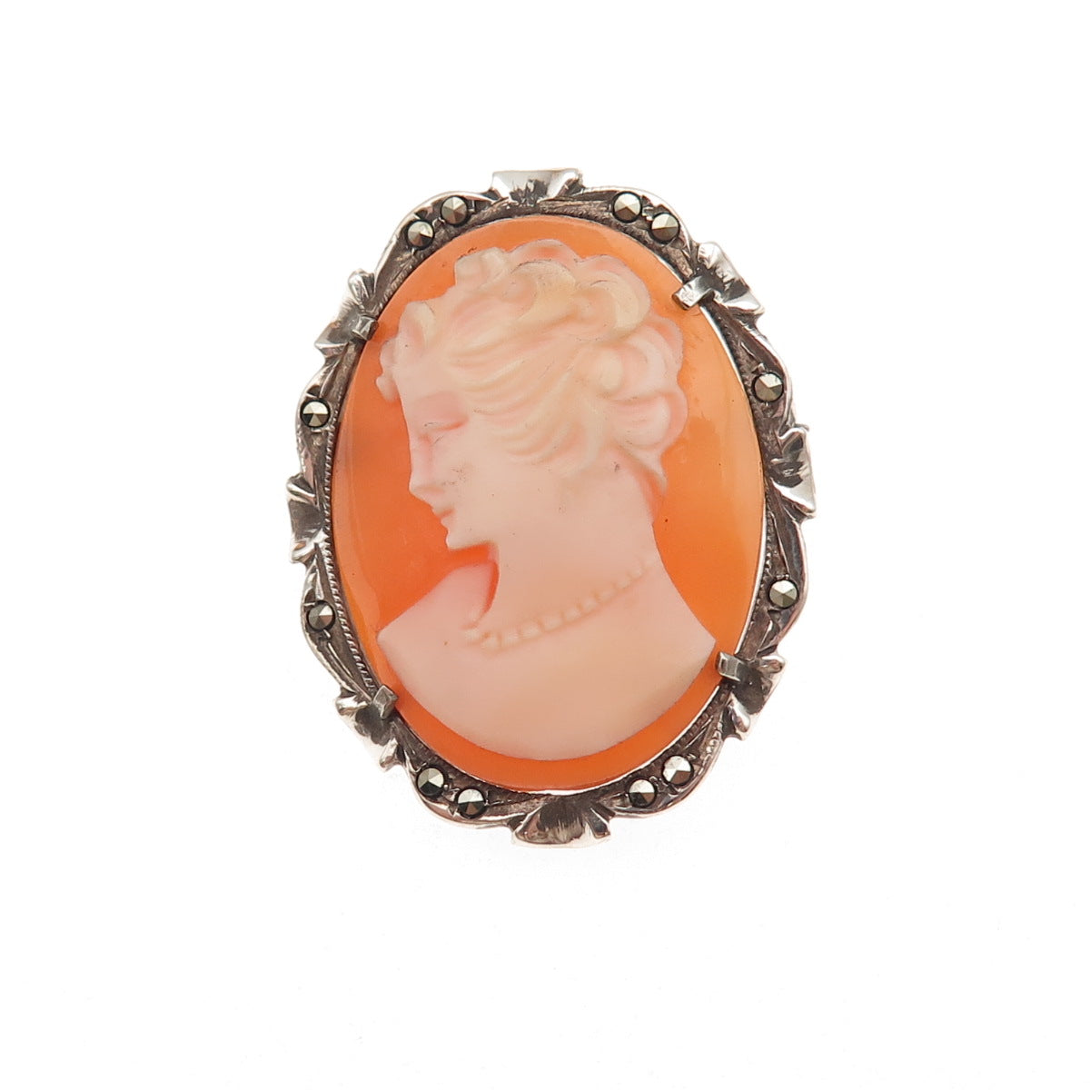 800 Silver Antique Art Deco Real MOP & Marcasite Lady Cameo Pin Brooch / Pendant