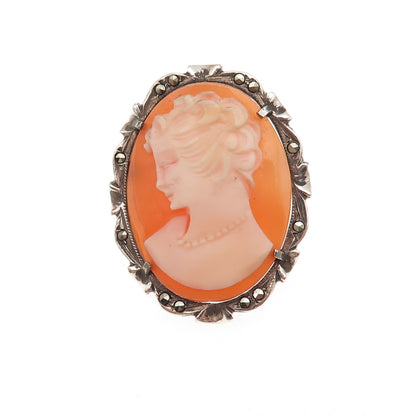 800 Silver Antique Art Deco Real MOP & Marcasite Lady Cameo Pin Brooch / Pendant