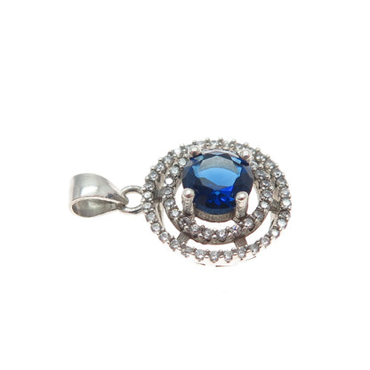 925 Sterling Silver Round-Cut Blue & White C Z Minimalist Charm Pendant