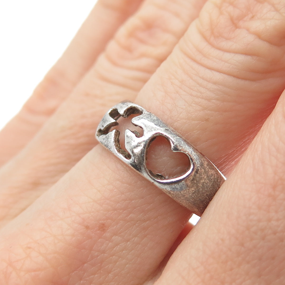 925 Sterling Silver Vintage EFS Mexico Child & Heart Oxidized Ring Size 6.25