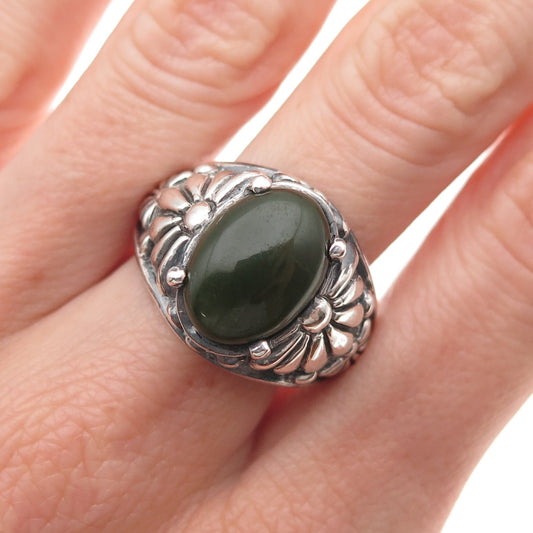 Kabana 925 Sterling Silver Vintage Real Jade Floral Oxidized Ring Size 10