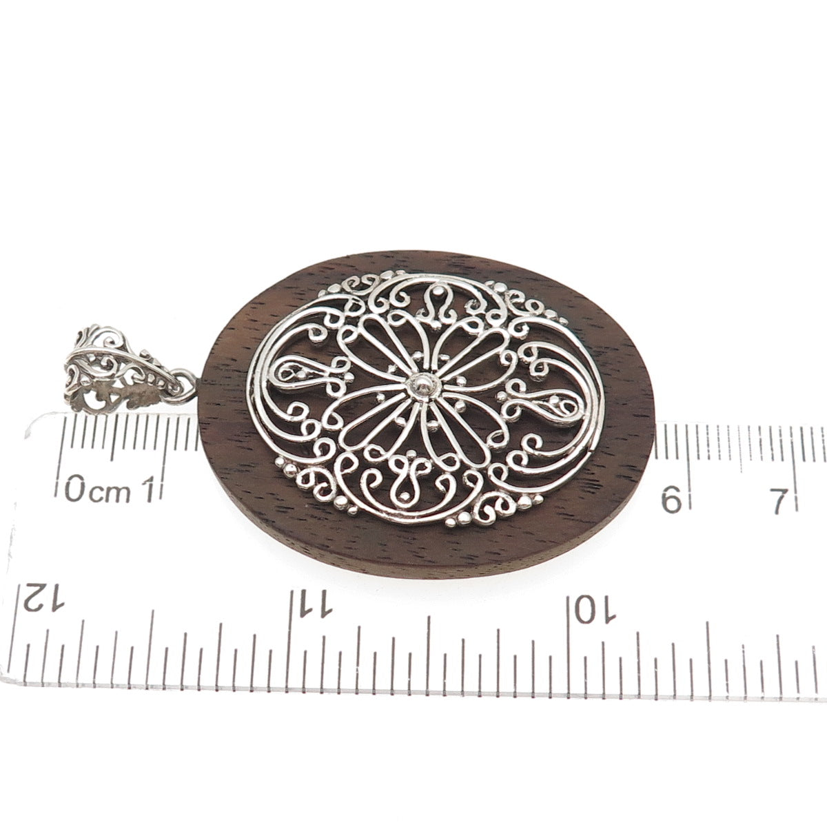925 Sterling Silver Vintage Wood Floral Ornate Pendant