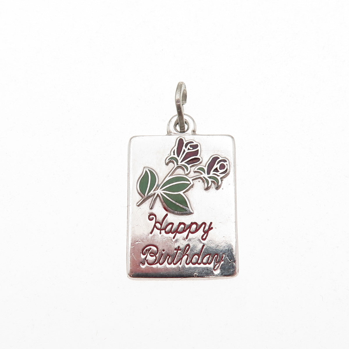 BEAU 925 Sterling Silver Vintage Enamel Happy Birthday Rose Mini Charm Pendant