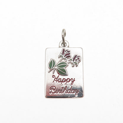 BEAU 925 Sterling Silver Vintage Enamel Happy Birthday Rose Mini Charm Pendant
