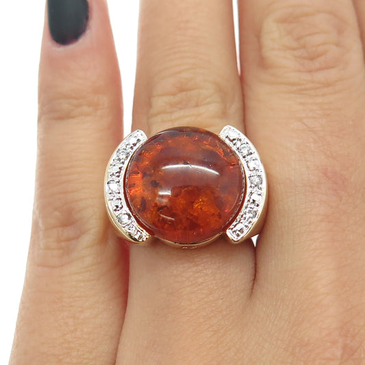 ROSS SIMONS 925 Sterling Silver Gold Plated Real Amber & C Z Ring Size 6.25