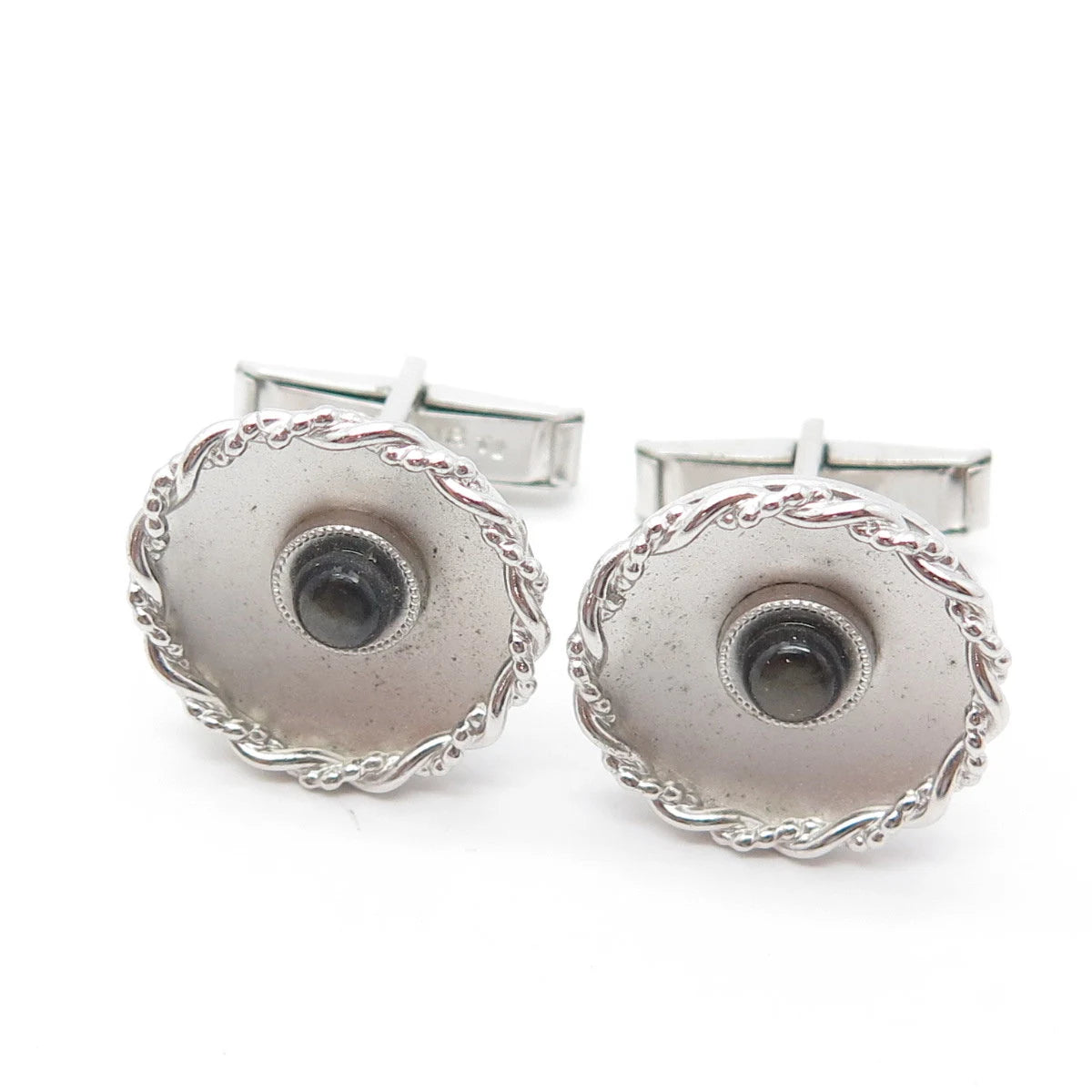 925 Sterling Silver Vintage Real Cabochon Sapphire Gem Swirl Round Cufflinks