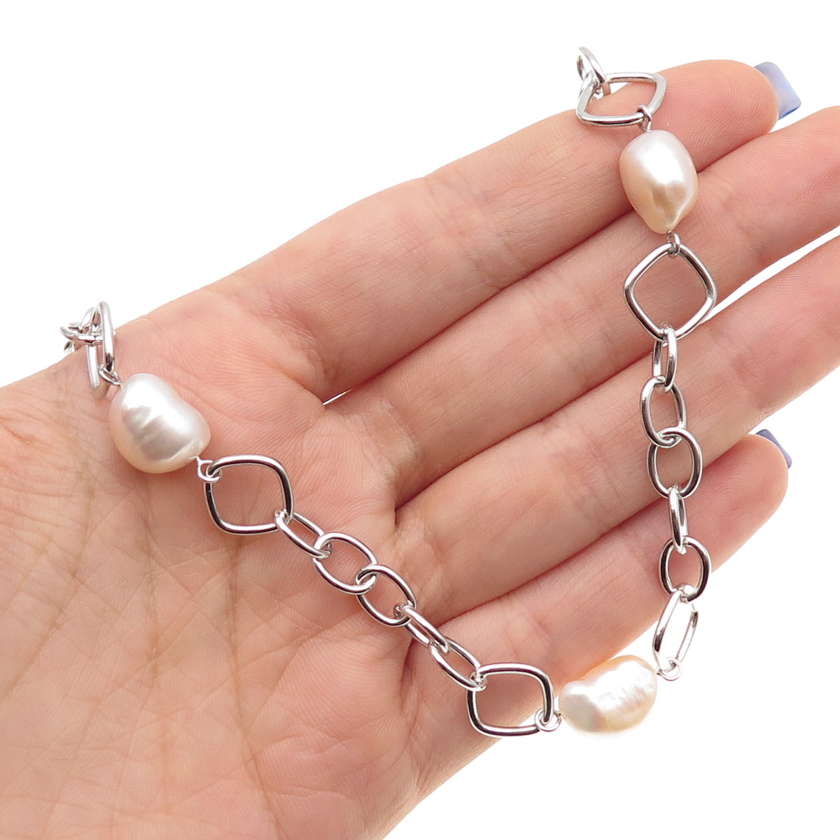 Ayaka Nishi 925 Sterling Silver Real Baroque Pearl Station Chain Necklace 22"