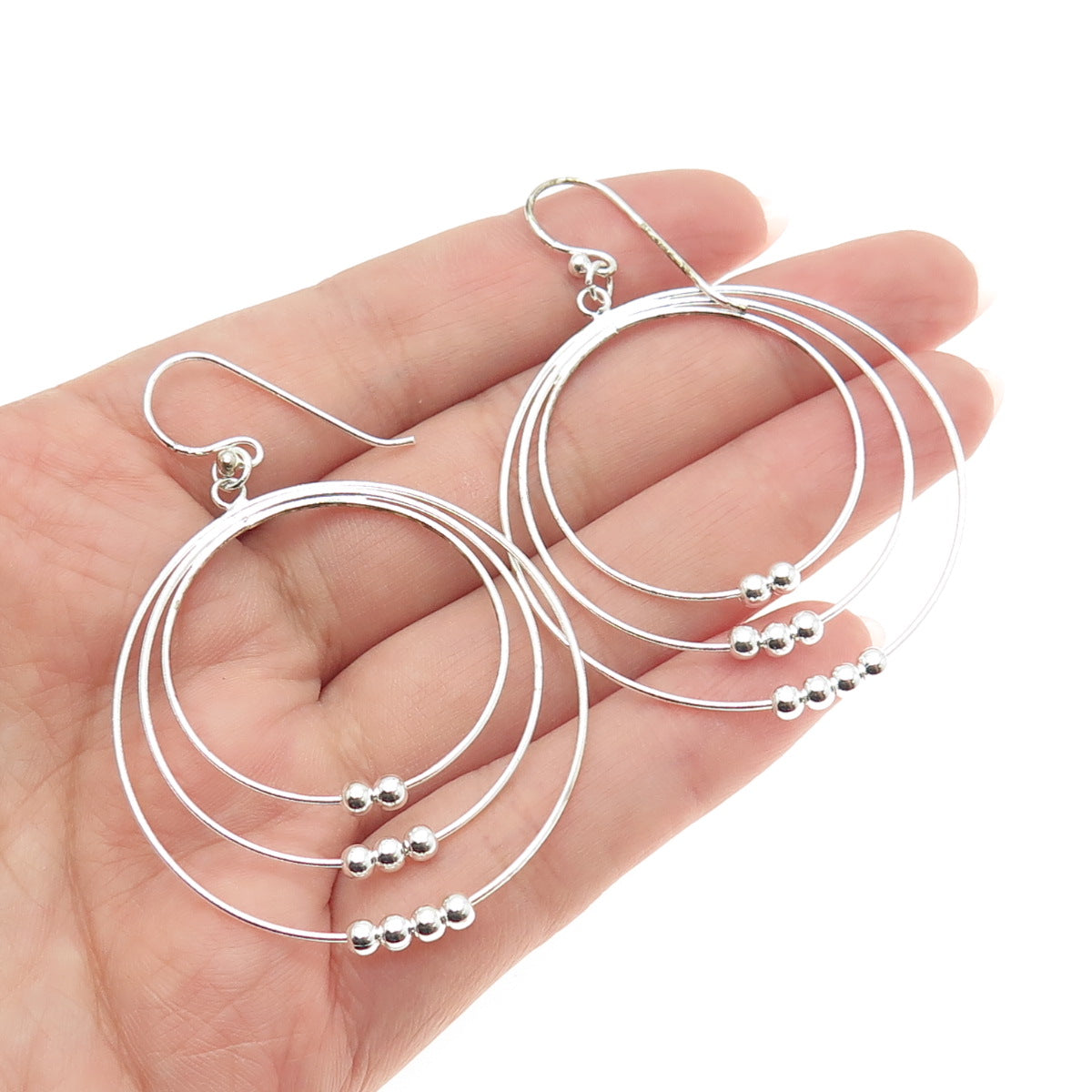 925 Sterling Silver Beaded Triple Circle Dangle Hook Earrings