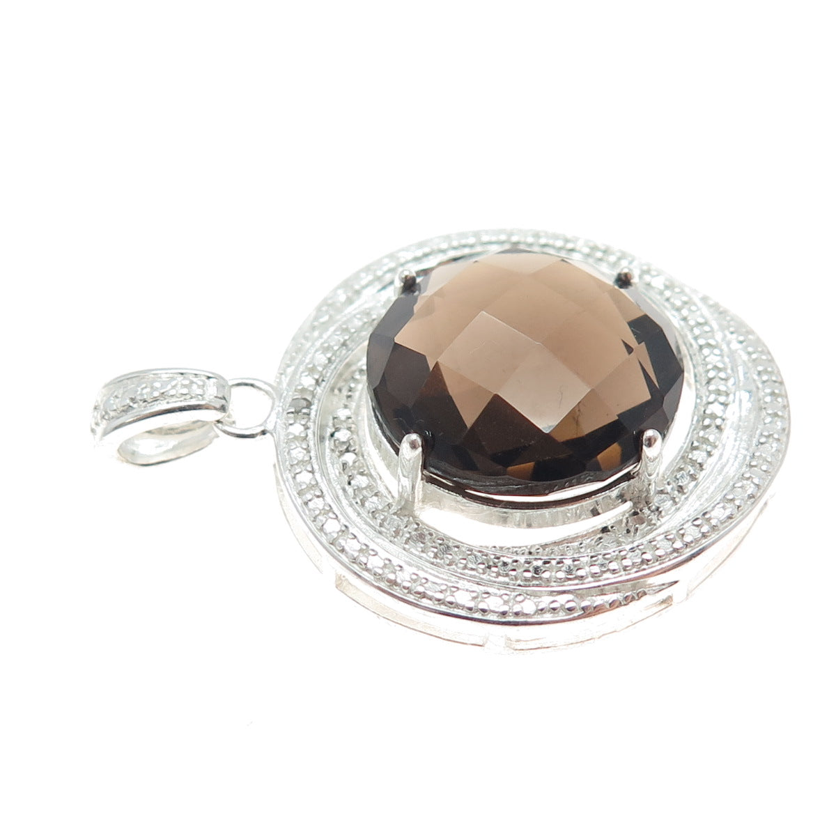 ROSS SIMONS 925 Sterling Silver Real Diamond & Smoky Quartz Trinity Pendant