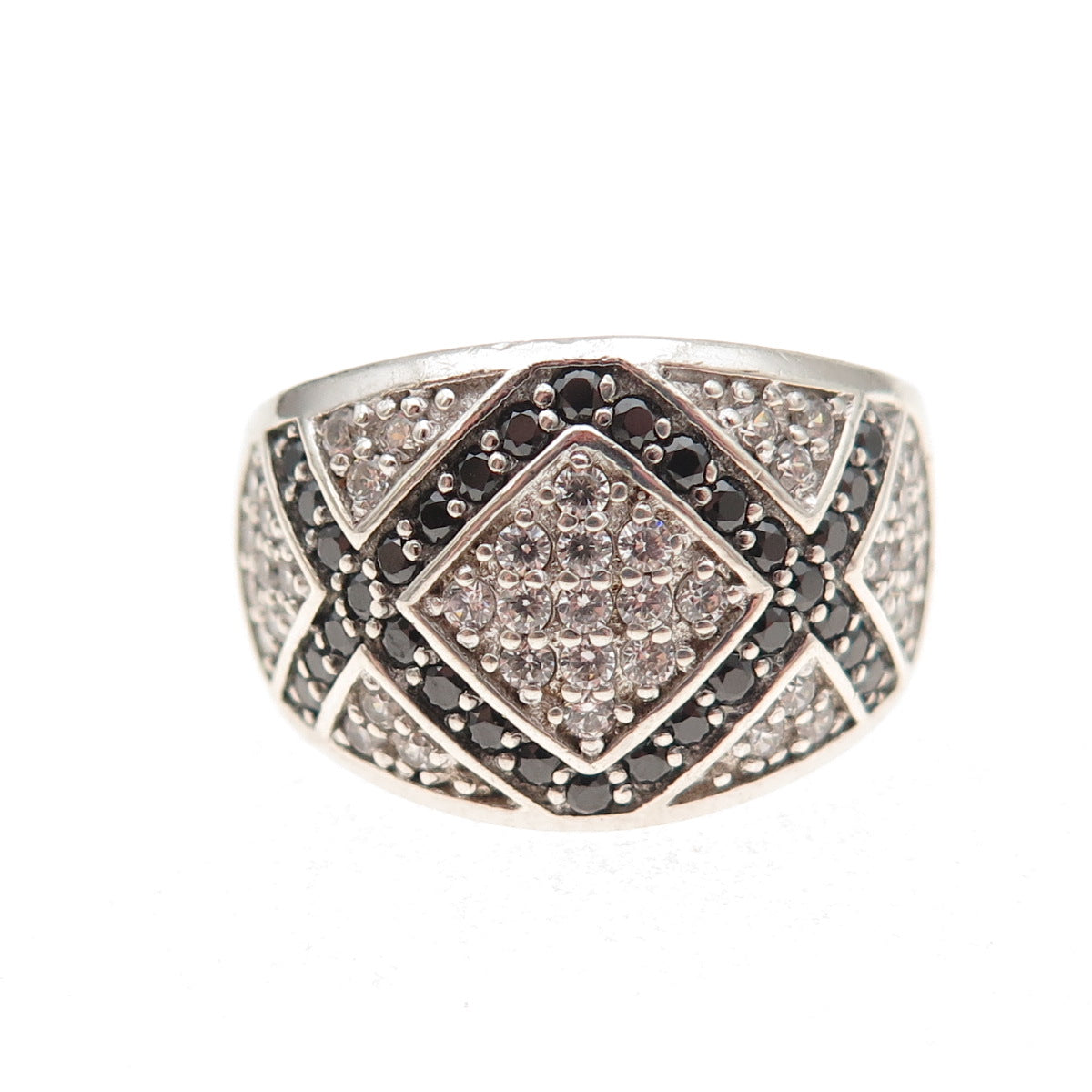 925 Sterling Silver Round-Cut Black & White C Z Zig Zag Ring Size 6.75