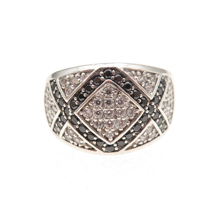 925 Sterling Silver Round-Cut Black & White C Z Zig Zag Ring Size 6.75