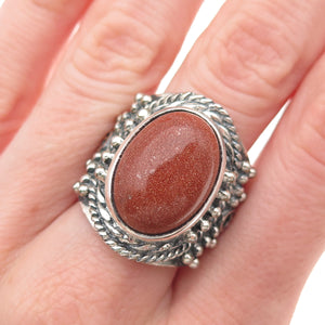 925 Sterling Silver Vintage Real Goldstone Modernist Oxidized Ring Size 9.75