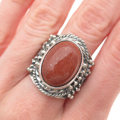 925 Sterling Silver Vintage Real Goldstone Modernist Oxidized Ring Size 9.75