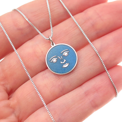 925 Sterling Silver Blue Enamel Moon Face Goddess Box Chain Necklace 18"