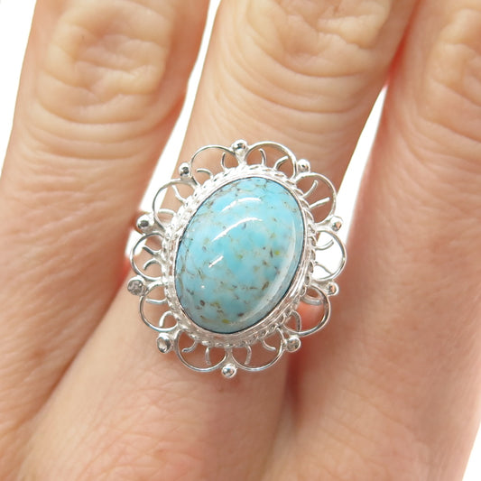 925 Sterling Silver Vintage Mexico Faux Turquoise Filigree Flower Ring Size 7.5