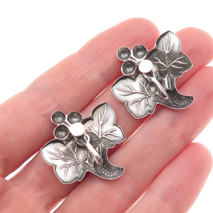 925 Sterling Silver Antique Art Deco Floral Oxidized Screw Back Earrings