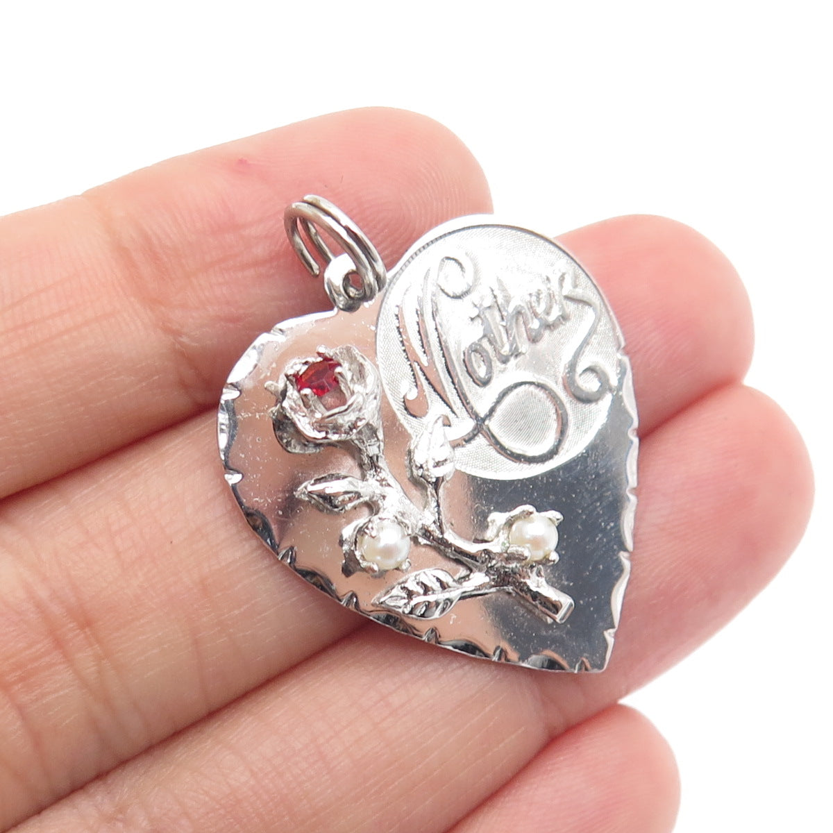 TOWN & COUNTRY 925 Sterling Vintage Rhinestone Faux Pearl "Mother" Heart Pendant