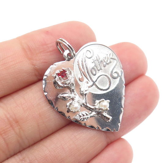 TOWN & COUNTRY 925 Sterling Vintage Rhinestone Faux Pearl "Mother" Heart Pendant