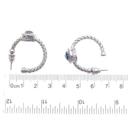 925 Sterling Silver Real Diamond & Enamel Evil Eye Wicker Half Hoop Earrings