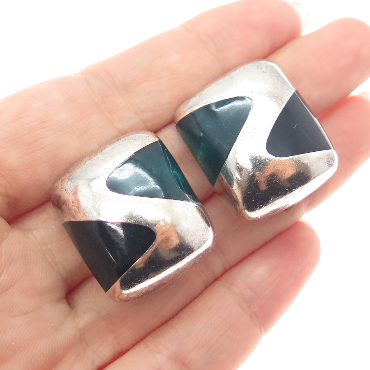 925 Sterling Silver Vintage Mexico Green & Black Onyx Modernist Clip On Earrings