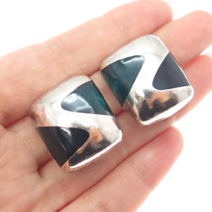 925 Sterling Silver Vintage Mexico Green & Black Onyx Modernist Clip On Earrings