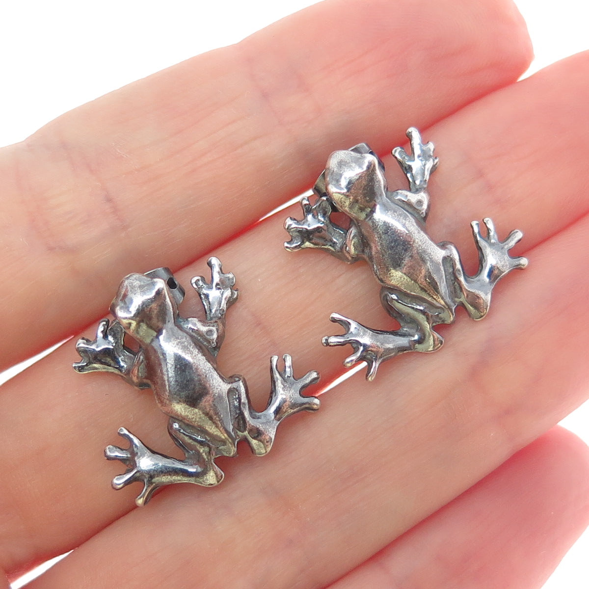 925 Sterling Silver Vintage Frog Good Luck Oxidized Earrings