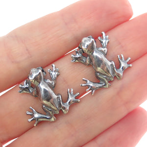925 Sterling Silver Vintage Frog Good Luck Oxidized Earrings