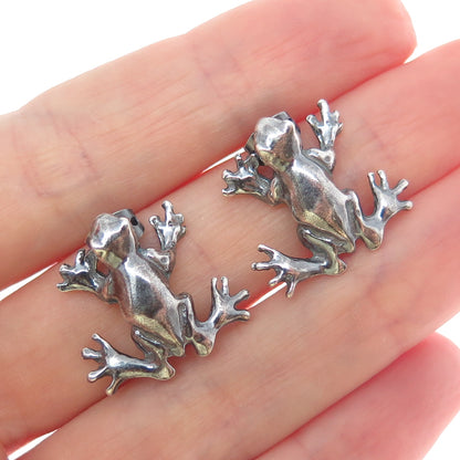 925 Sterling Silver Vintage Frog Good Luck Oxidized Earrings