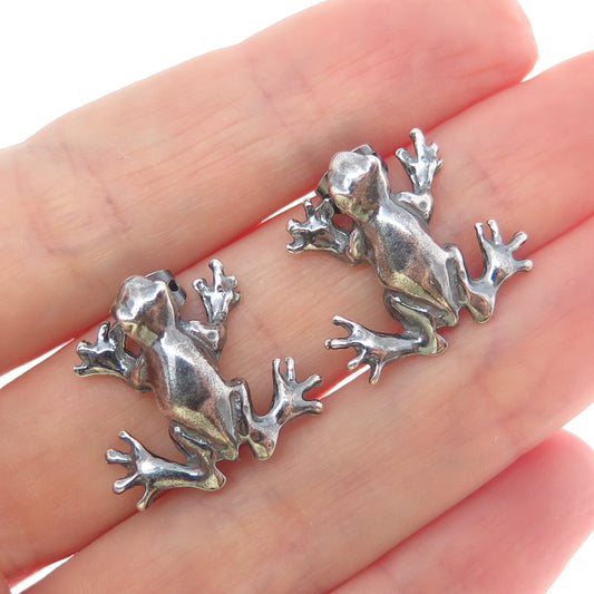 925 Sterling Silver Vintage Frog Good Luck Oxidized Earrings