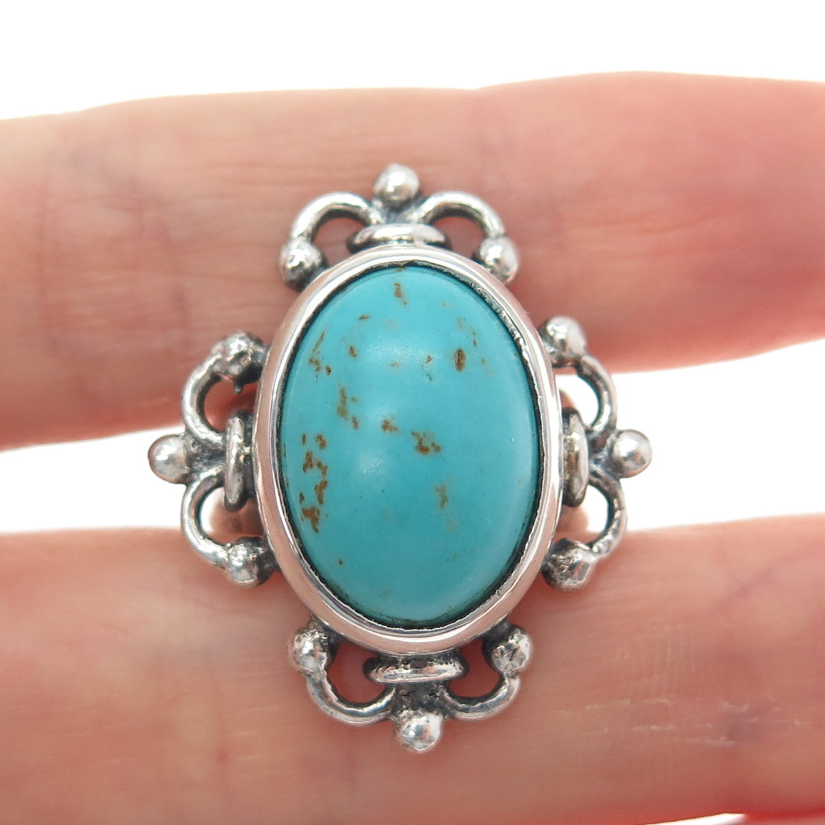 925 Sterling Silver Vintage Real Turquoise Fleur de Lis Oxidized Ring Size 8.75