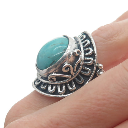 925 Sterling Silver Vintage Real Mountain Turquoise Sun Oxidized Ring Size 10.25