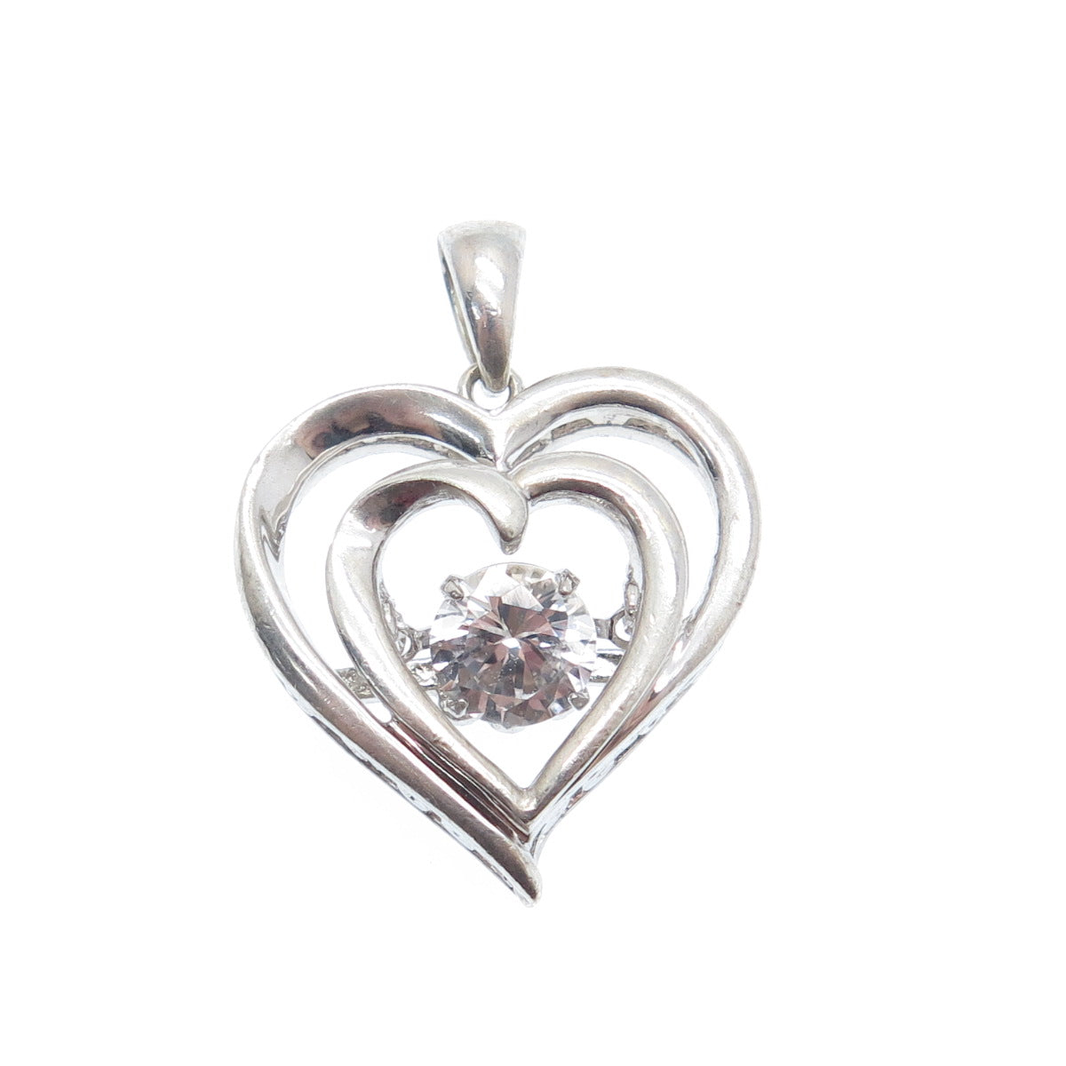 925 Sterling Silver Round-Cut C Z Double Heart Minimalist Charm Pendant