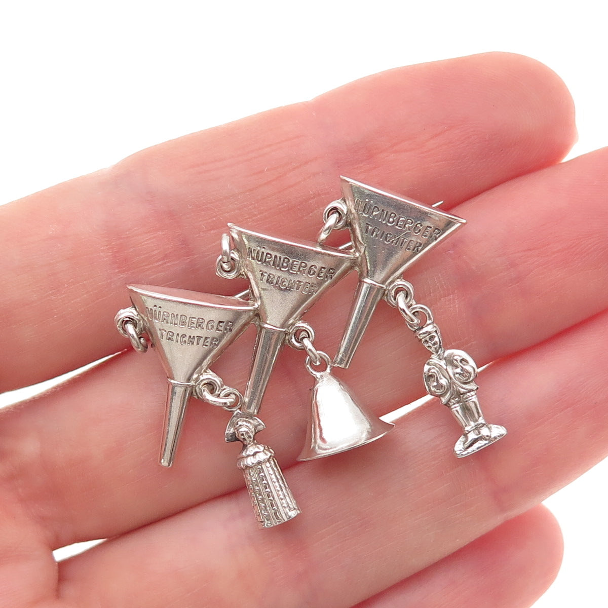 925 Sterling Silver Antique Art Deco Nuremberg Funnel Dangle Charms Pin Brooch