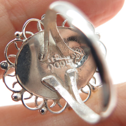 925 Sterling Silver Vintage Mexico Faux Turquoise Filigree Flower Ring Size 7.5