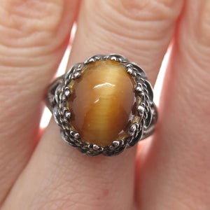 925 Sterling Silver Vintage Real Tiger Eye Crown Roped Oxidized Ring Size 6.75
