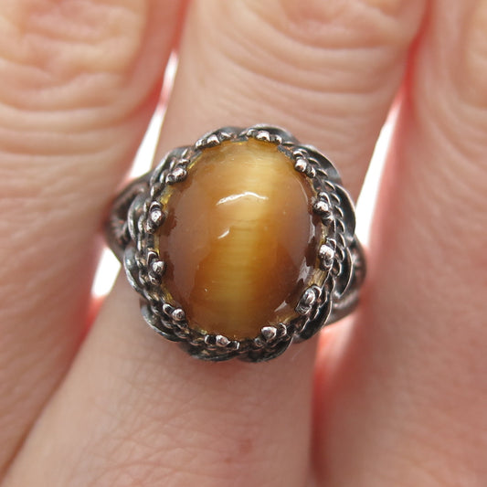 925 Sterling Silver Vintage Real Tiger Eye Crown Roped Oxidized Ring Size 6.75
