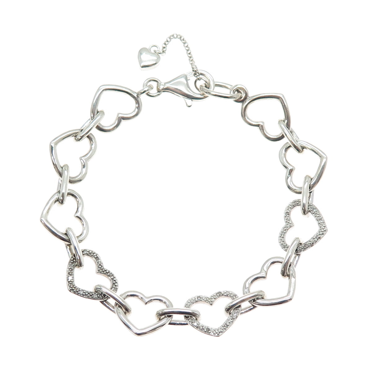 925 Sterling Silver Real Round-Cut Diamond Heart Link Bracelet 7.5"