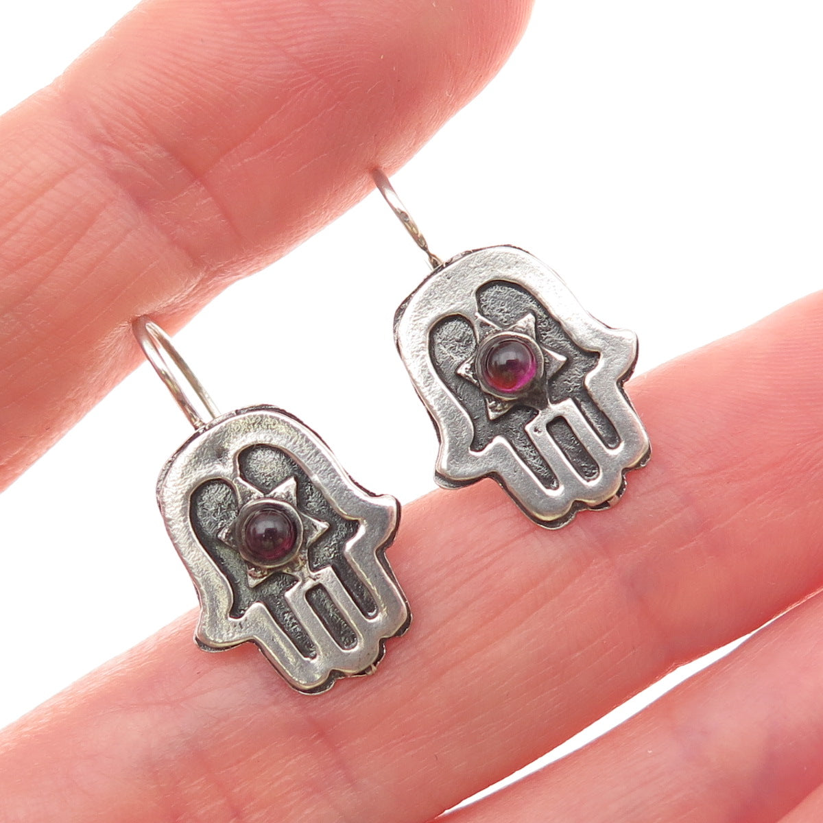 925 Sterling Silver Vintage Real Tourmaline Star of David Hamsa Judaica Earrings