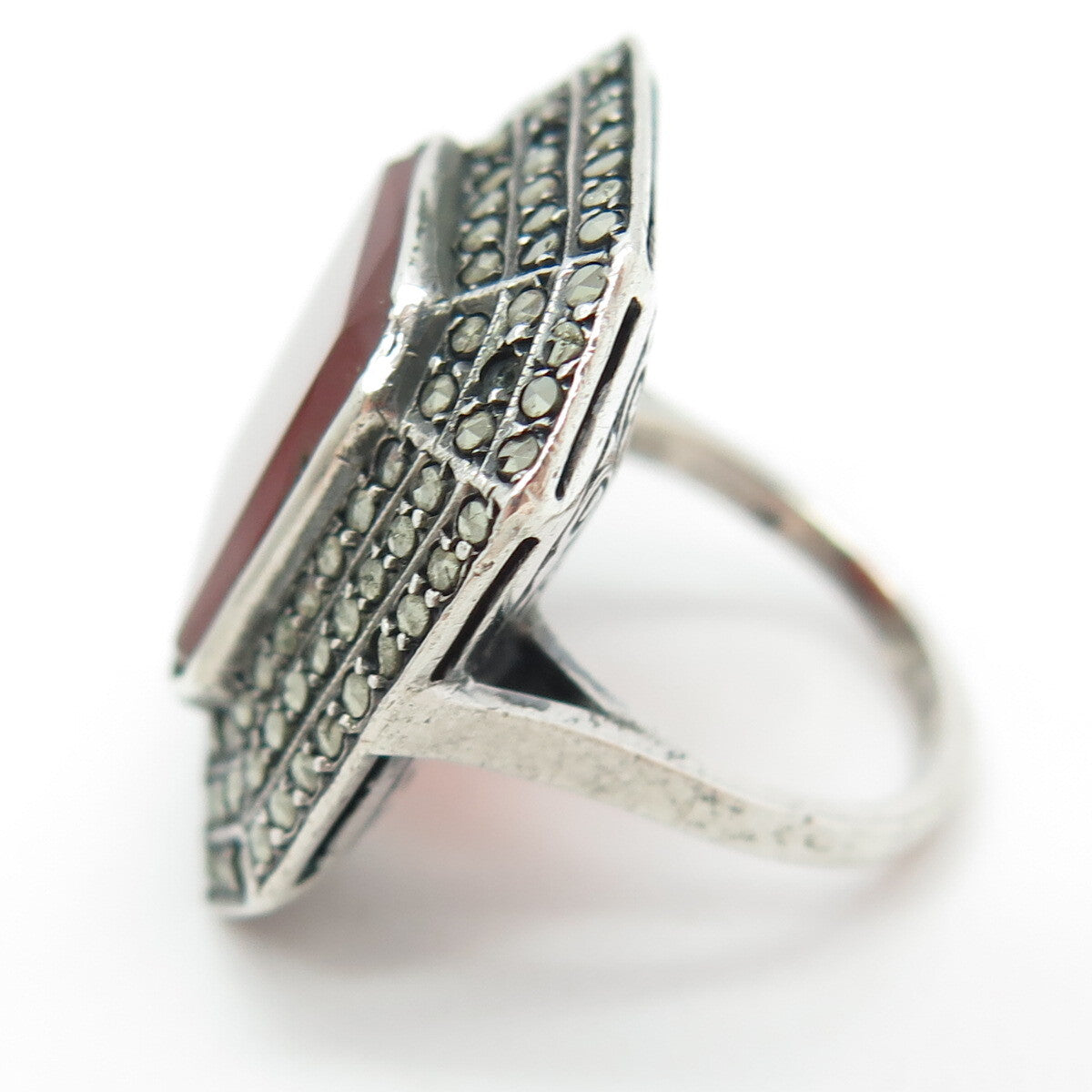 925 Sterling Silver Antique Art Deco Carnelian & Marcasite Gem Ring Size 4.25