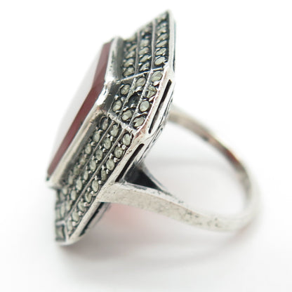 925 Sterling Silver Antique Art Deco Carnelian & Marcasite Gem Ring Size 4.25