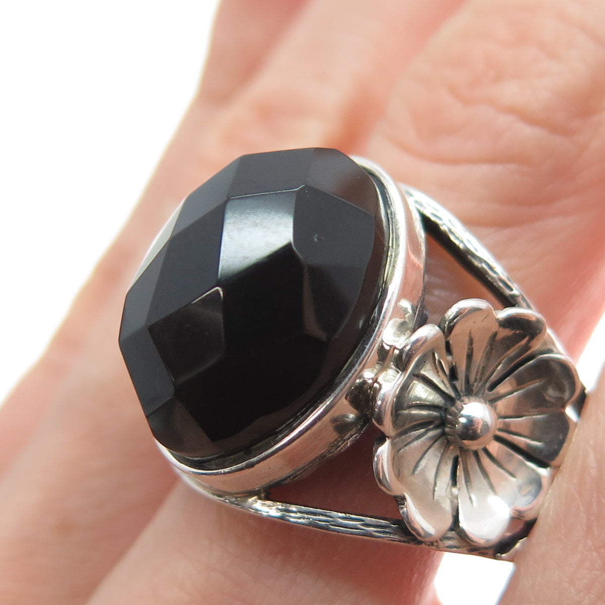 RIDER 950 Silver Vintage Real Black Onyx Flower Blossom Ring Size 9.5