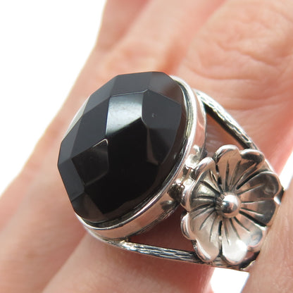 RIDER 950 Silver Vintage Real Black Onyx Flower Blossom Ring Size 9.5