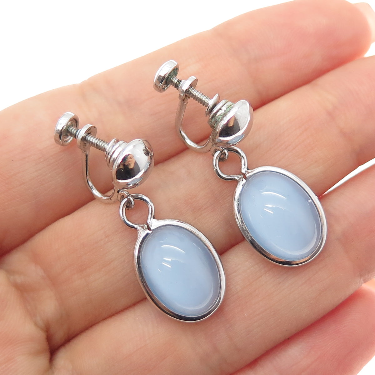 AMCO 925 Sterling Silver Antique Art Deco Real Opalite Screw Back Earrings