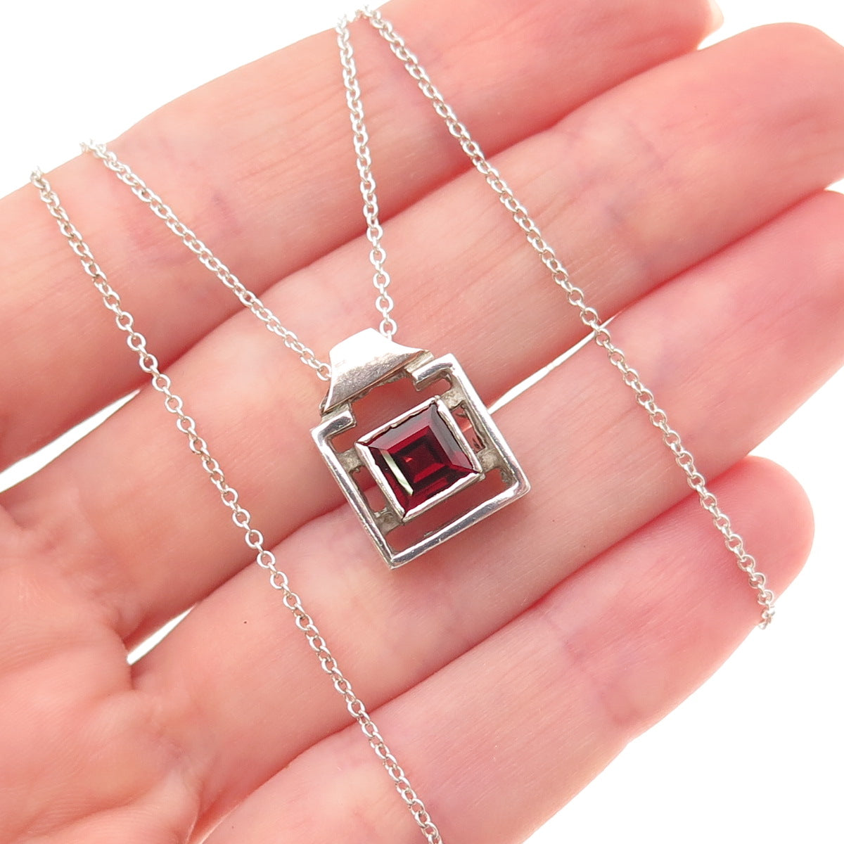 925 Sterling Silver Rose Gold Accent Vintage Real Red Garnet Chain Necklace 18"