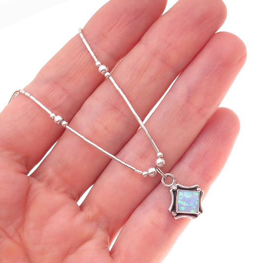925 Sterling Silver Vintage Real Opal Beaded Liquid Chain Necklace 16"