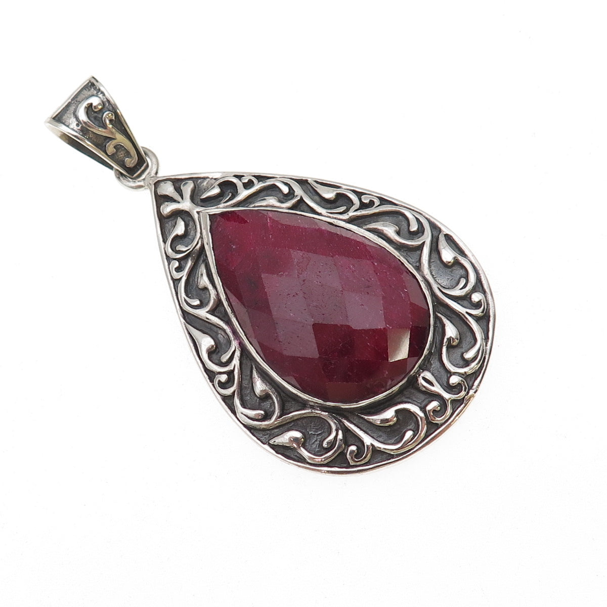 Samuel Benham Sterling Silver Vintage Real Ruby Floral Scroll Oxidized Pendant
