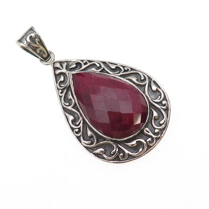 Samuel Benham Sterling Silver Vintage Real Ruby Floral Scroll Oxidized Pendant