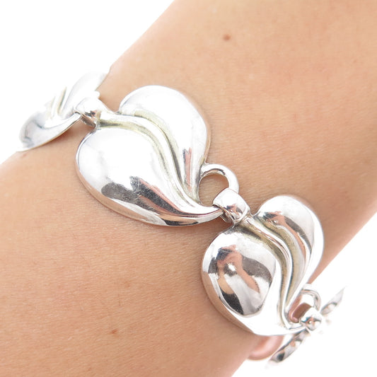 925 Sterling Silver Antique Art Deco Floral Heart Leaf Link Bracelet 6.75"