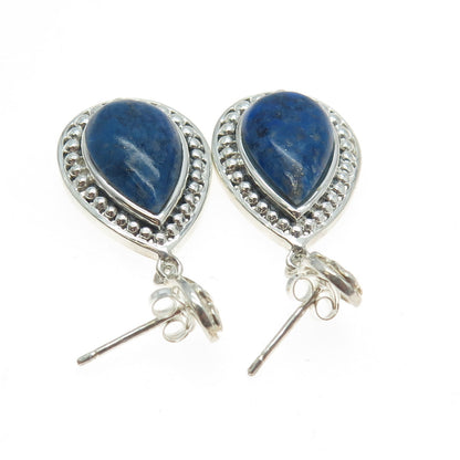 925 Sterling Silver Vintage Real Lapis Lazuli Gemstone Beaded Dangling Earrings